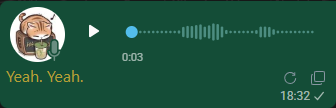 WhatsApp audio message with the English result Yeah. Yeah. below the waveform and retry and copy controls beside it